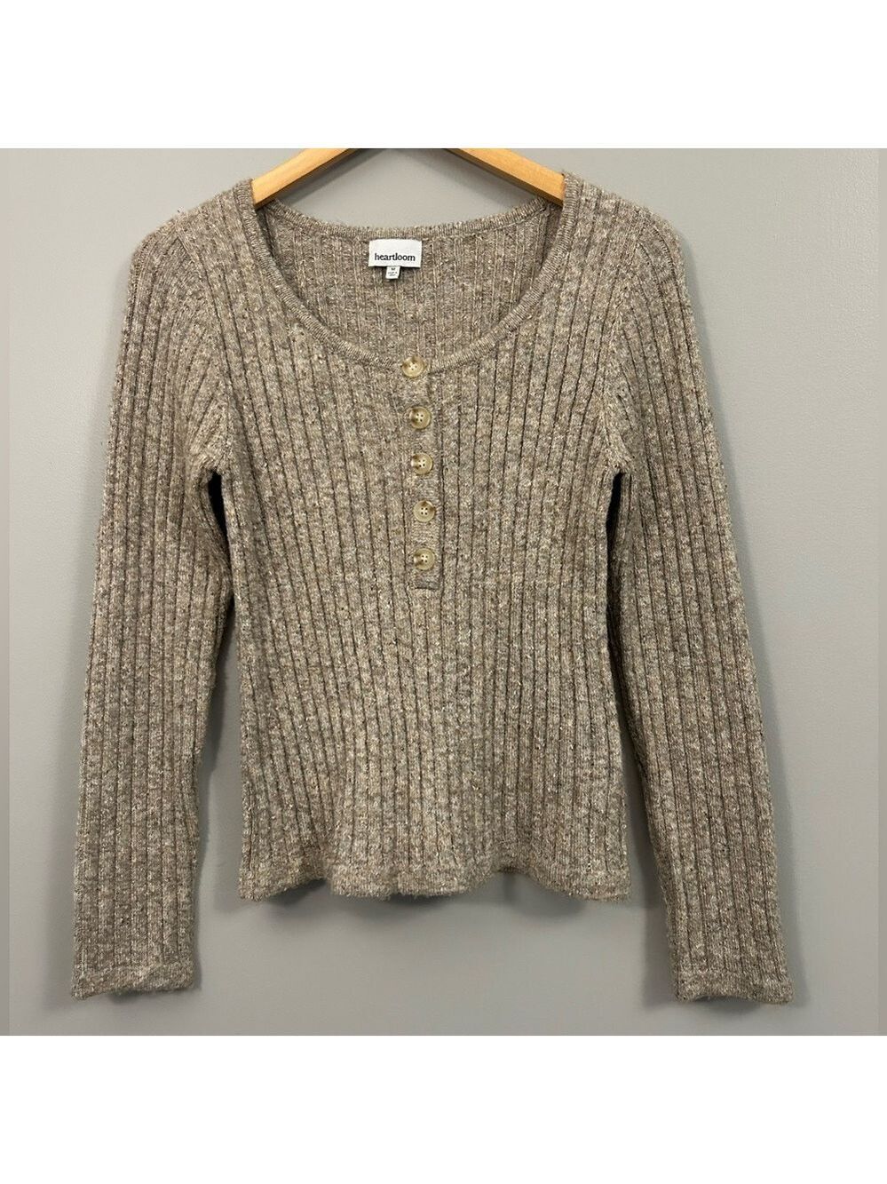 Heartloom Ribbed Knit Sweater in Taupe Medium Button Up